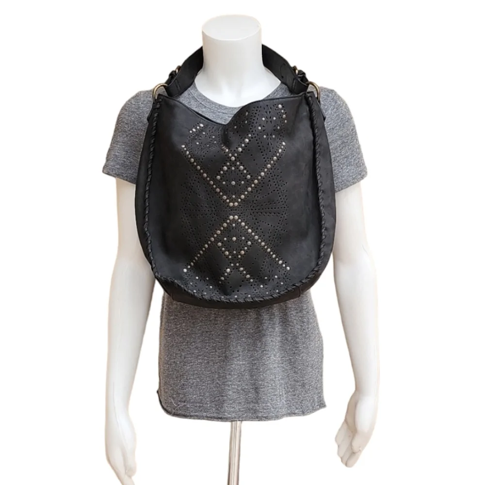 ELLE JAE GYPSET ANTHRO Black Whipstitch Studded Hobo Shoulder Bag Purse Vegan